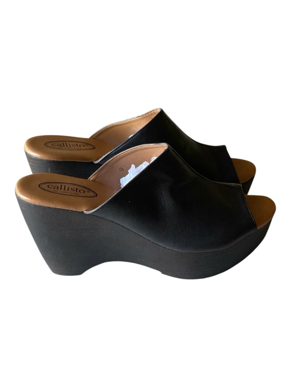 CALLISTO Leather Platform Wooden Wedge Mules Clogs Open Toe Gothic Size 9 Black